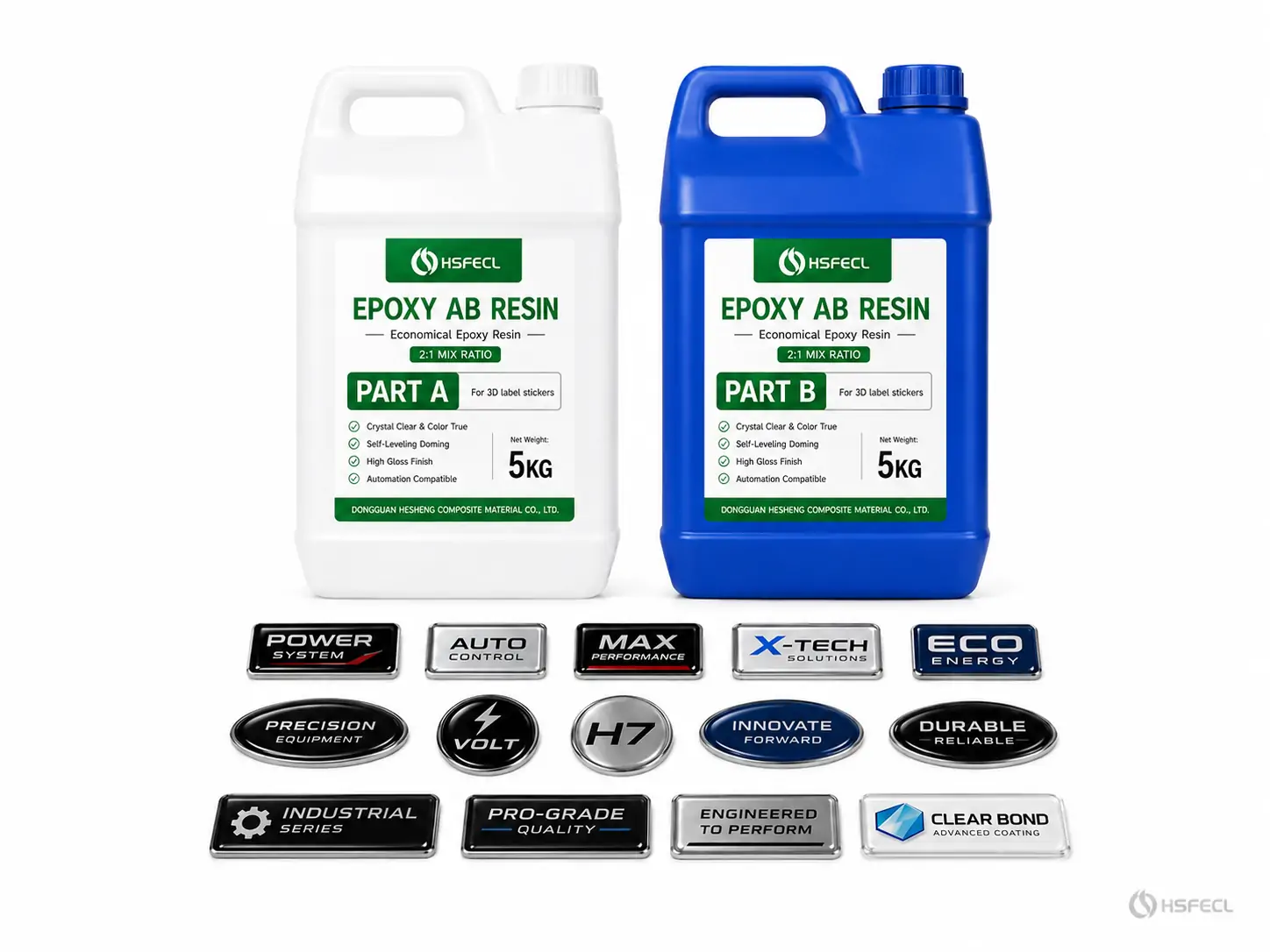 Epoxy doming resin for 3D labels and stickers with raised domed badges and dimensional label samples