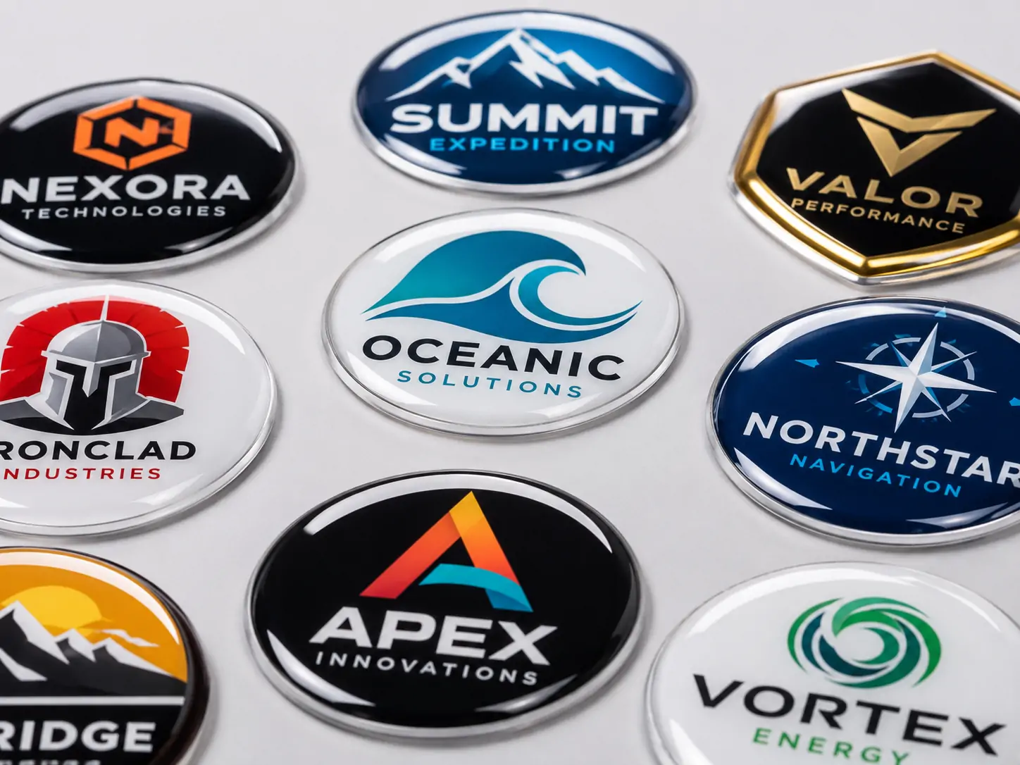 Clear doming resin applications showing raised 3D labels, domed stickers, badges and high-gloss dimensional emblems