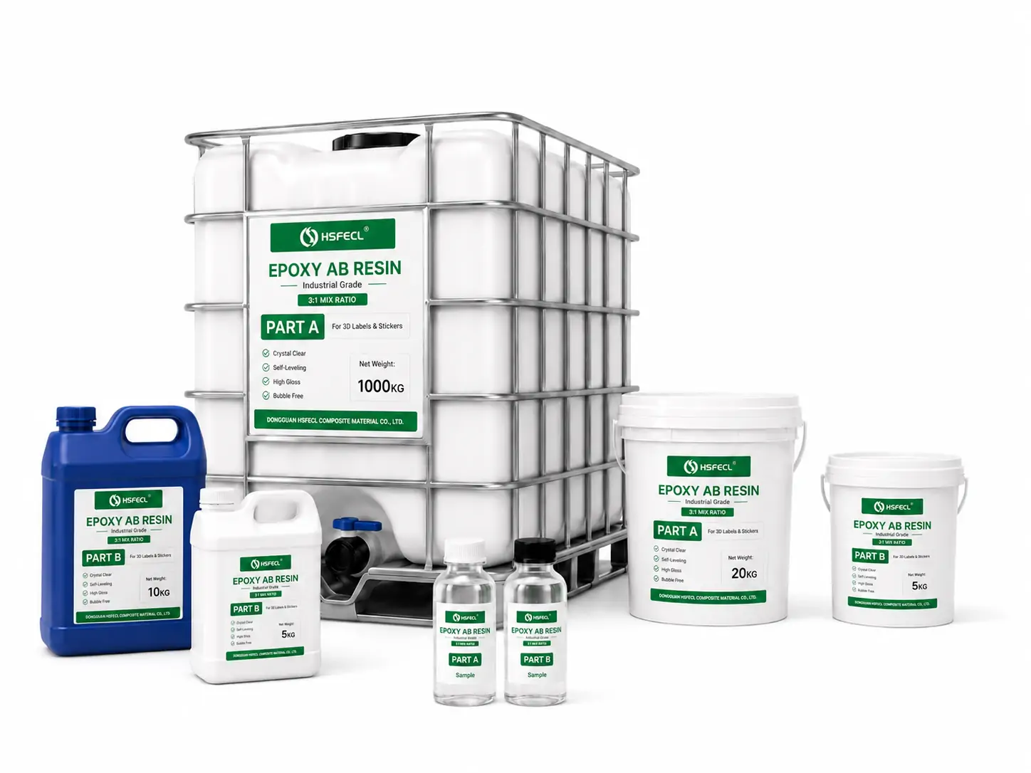 HSFECL epoxy and polyurethane resin systems in bulk drums, pails, jerrycans and sample packaging for industrial B2B supply
