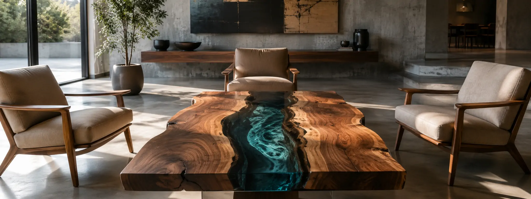 Clear deep-pour epoxy resin used in a wood river table and large transparent casting application